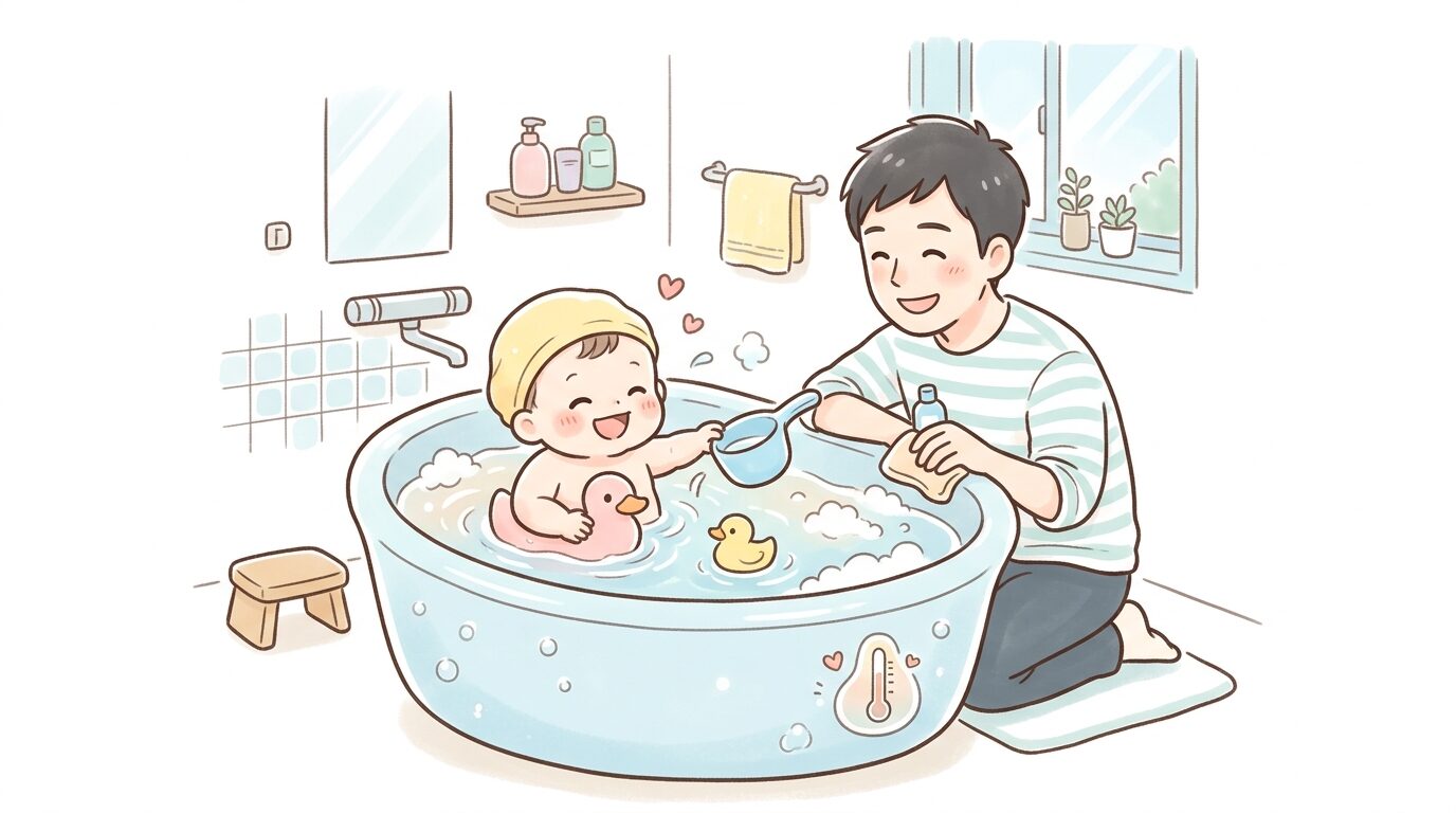 バスタブの中でご機嫌に遊ぶ生後半年ほどの赤ちゃんと見守る父親