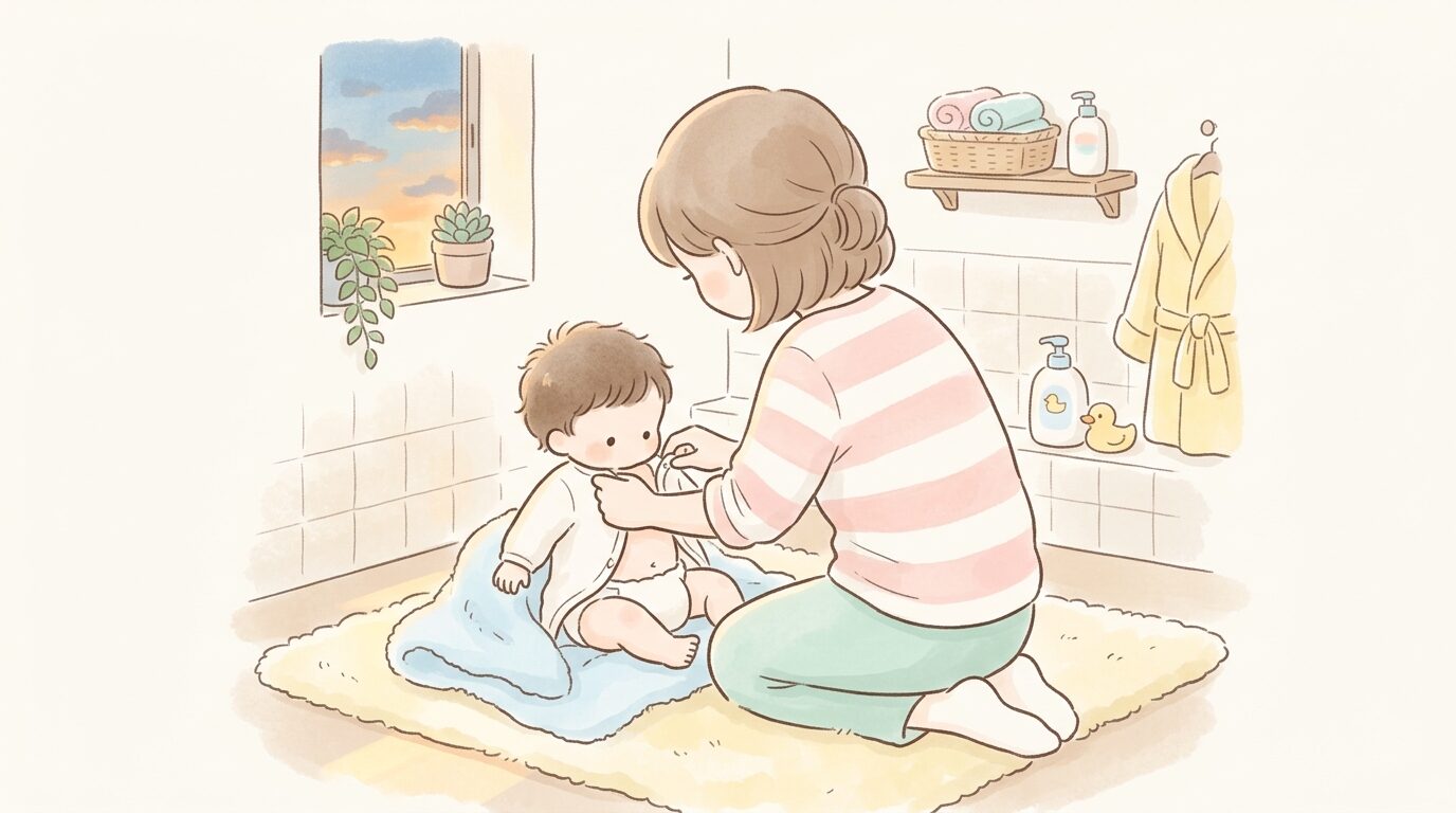 夕方の柔らかな照明の中でお風呂上がりの赤ちゃんに肌着を着せる母親の後ろ姿