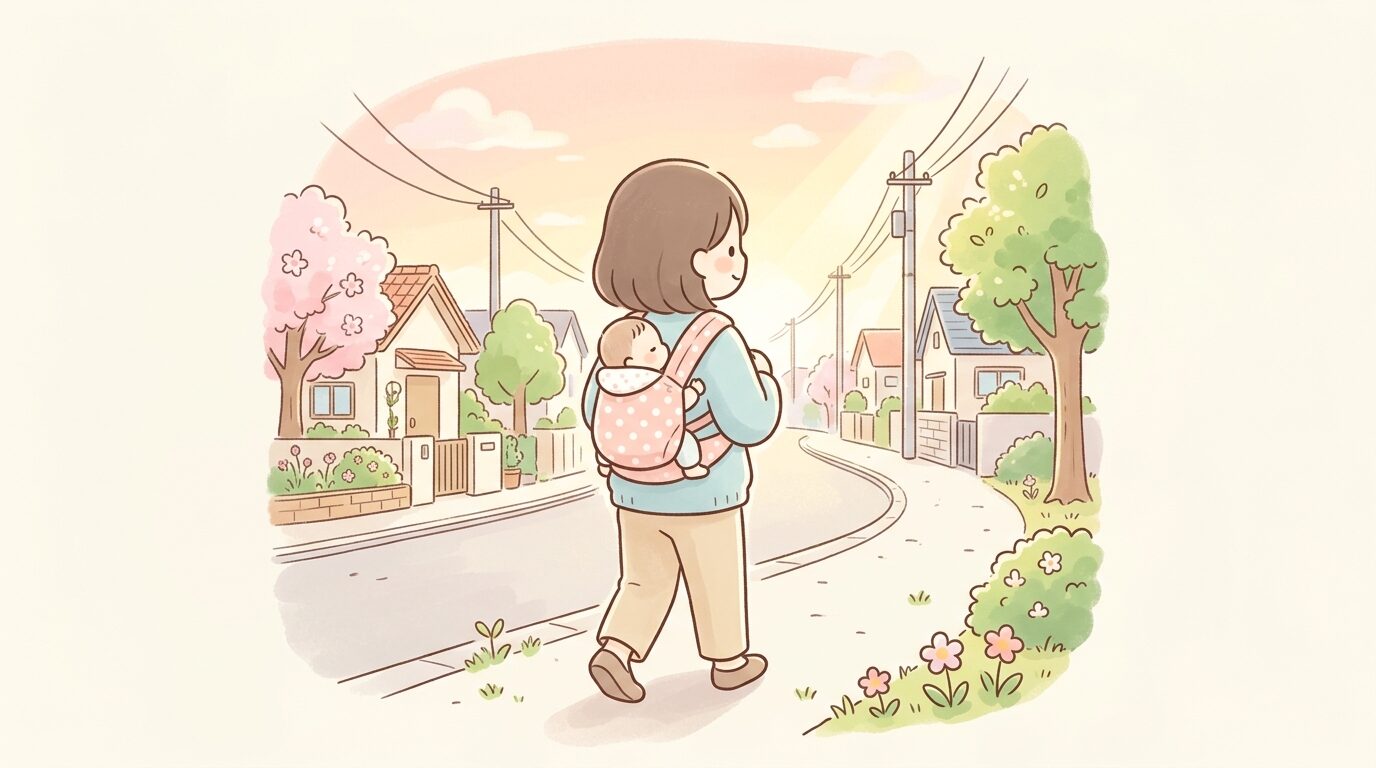 生後1ヶ月の赤ちゃんを抱っこ紐で抱いて自宅前の道を歩く母親の後ろ姿、柔らかな朝の光の中で