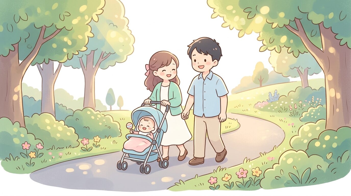 公園の遊歩道でベビーカーを押しながら散歩する両親と赤ちゃん、木漏れ日が差し込む午前中の風景