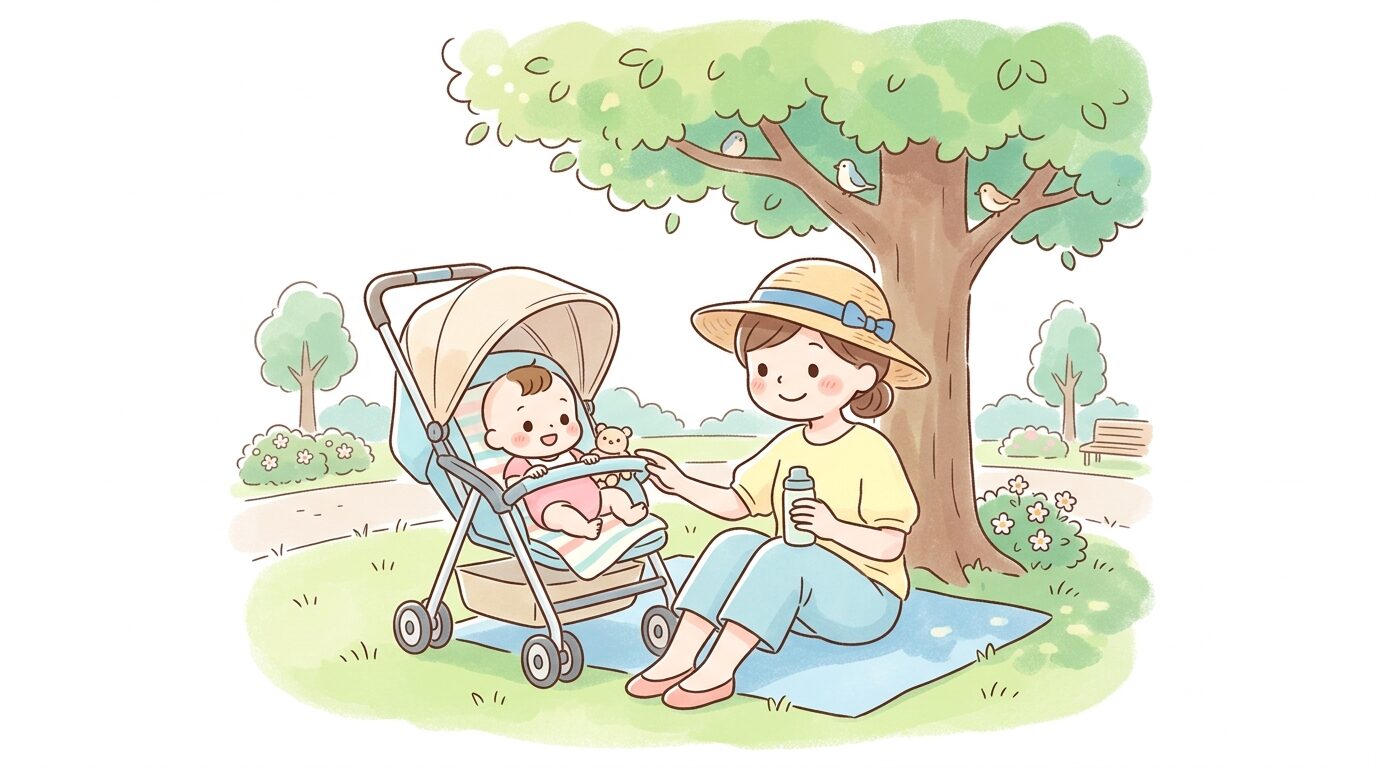 夏の公園で日除け付きベビーカーに乗る赤ちゃんと、麦わら帽子をかぶった母親が木陰で休憩する様子