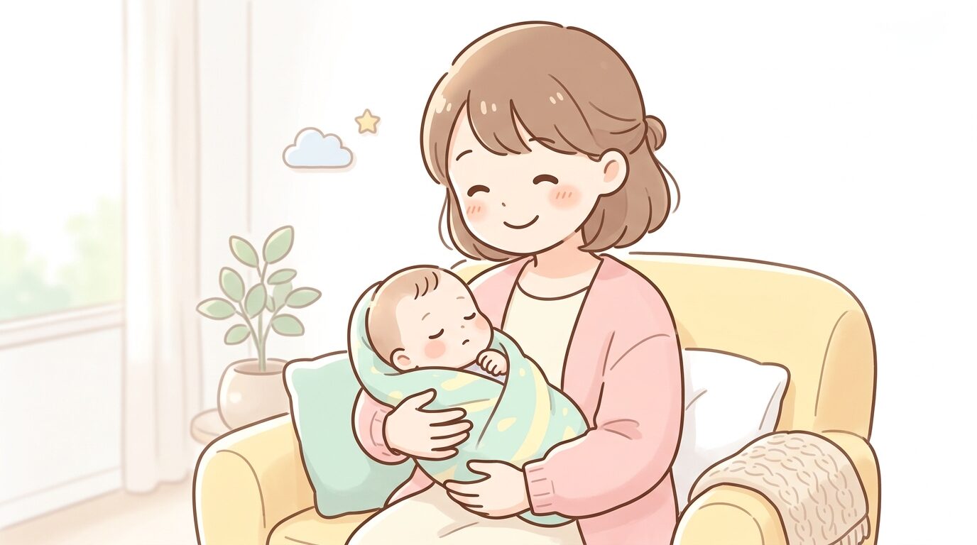 新生児を優しく抱っこして微笑む母親と、すやすや眠る赤ちゃんの柔らかな光の中の写真