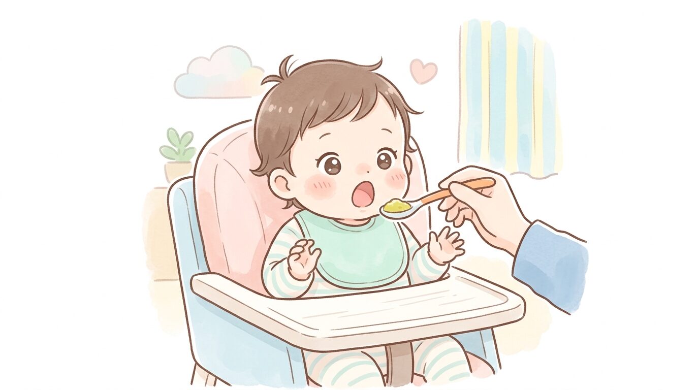 離乳食を口に運ばれて初めての味に驚いた表情を見せる生後6ヶ月ほどの赤ちゃん