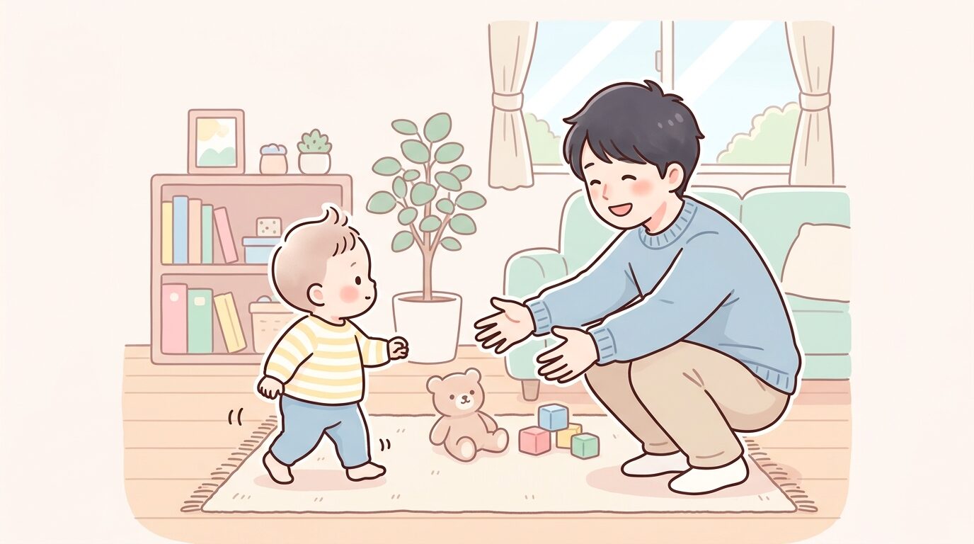 リビングでよちよち歩きに挑戦する1歳児と、見守りながら両手を広げる父親の温かいシーン