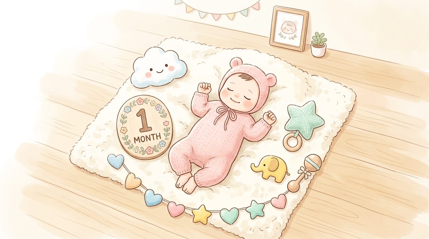 生後1か月の赤ちゃんが白いブランケットの上に寝ている月齢フォトの様子