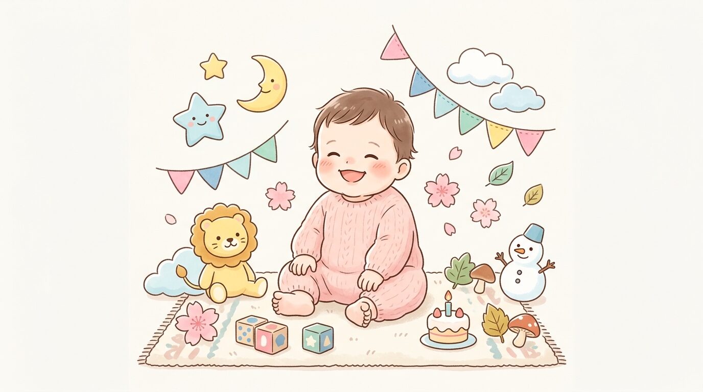 お座りができるようになった赤ちゃんが季節の飾りに囲まれて笑っている様子