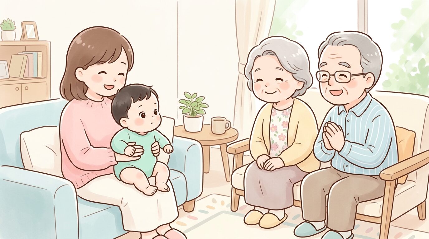 リビングでママに抱っこされながら、初めて会う祖父母の顔をじっと見つめる生後6ヶ月の赤ちゃん