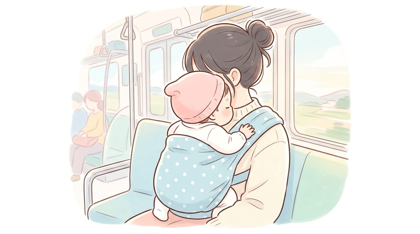 電車の座席で抱っこ紐に包まれ、母親の胸元に顔をうずめて安心する赤ちゃんの後ろ姿