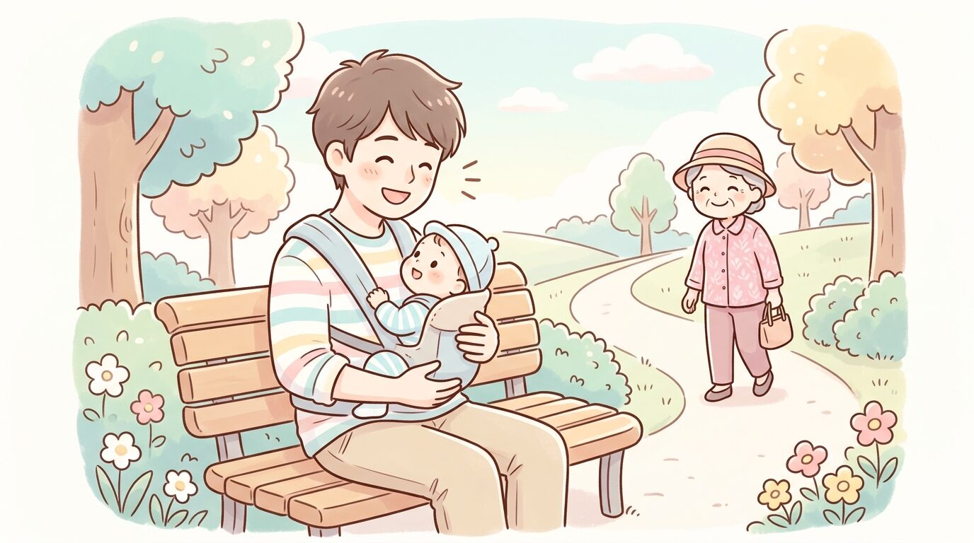 公園のベンチで抱っこ紐の赤ちゃんに笑顔で語りかける父親と、少し離れた場所で見守る祖母