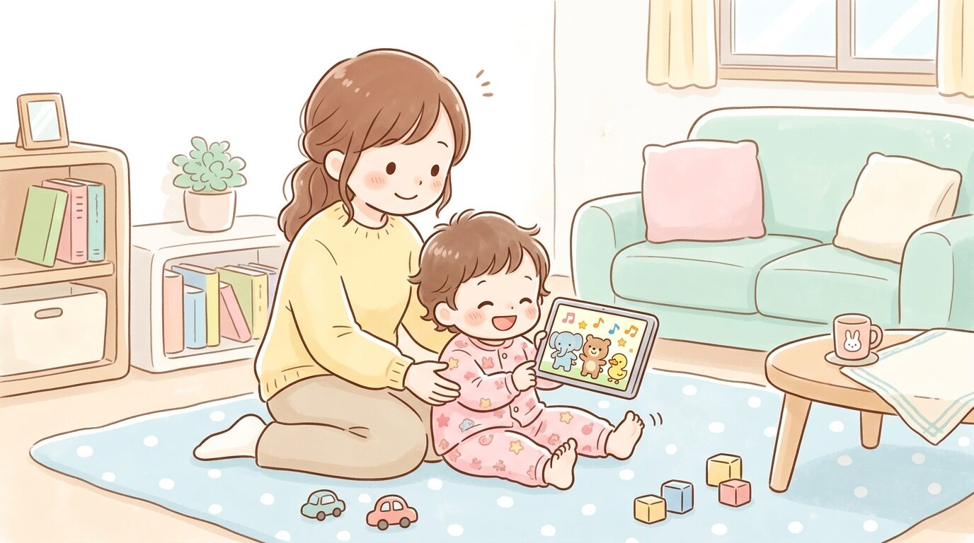 リビングでタブレットの童謡動画を見て笑顔になる1歳児と、それを優しく見守る母親