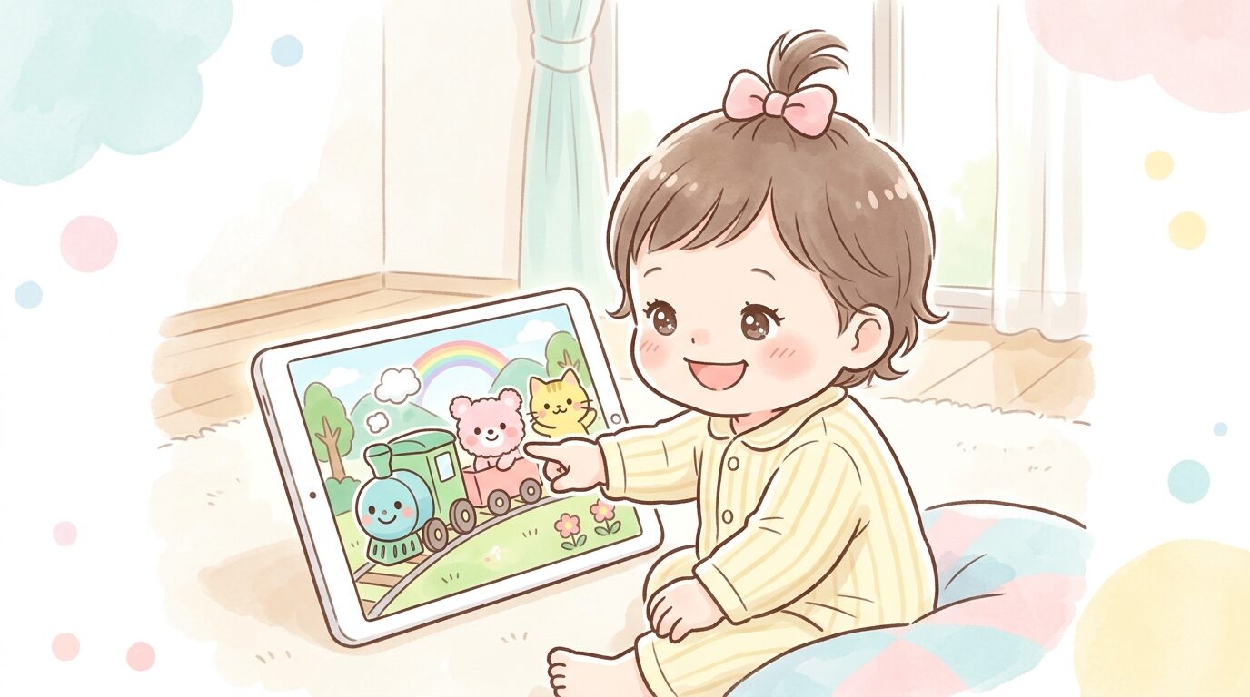 電車や動物のキャラクターが登場する知育アニメを見て指差しする1歳児のアップ