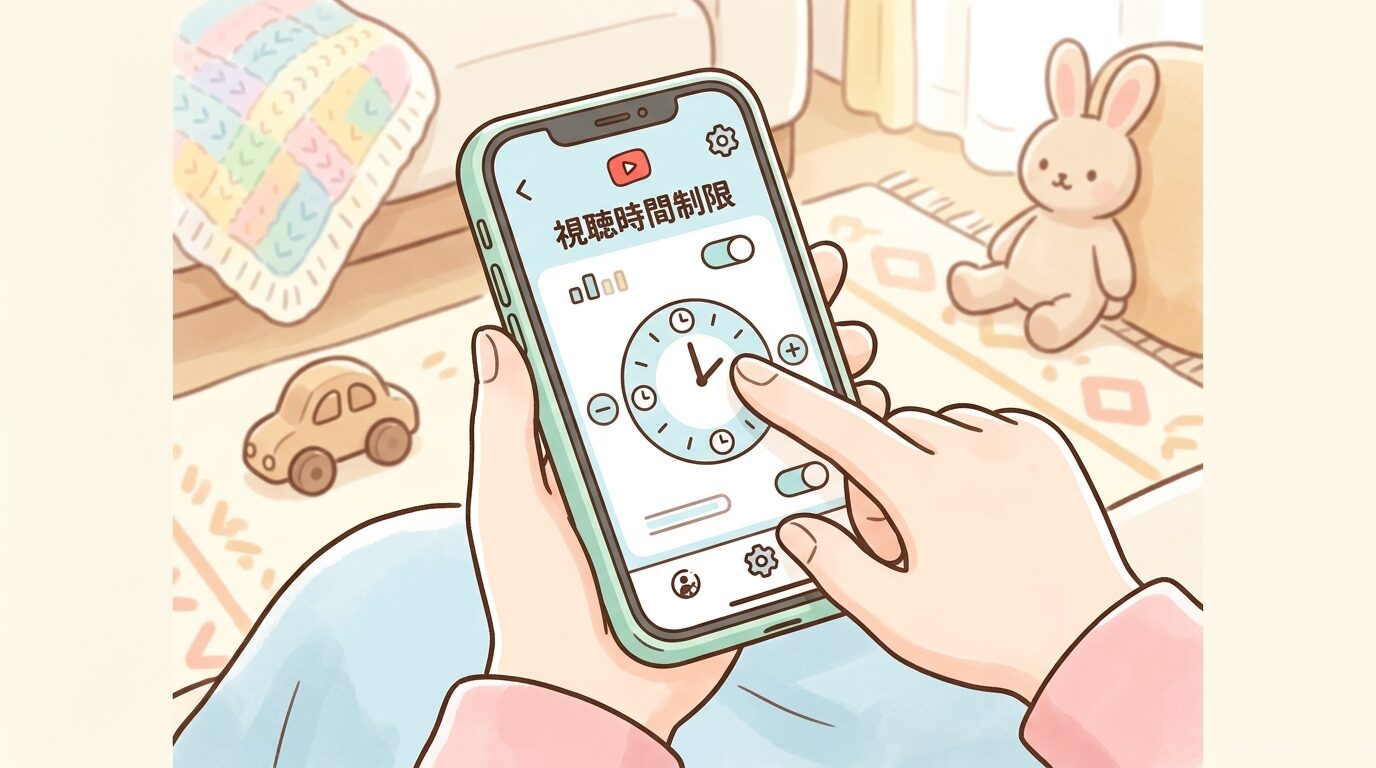 スマートフォンでYouTube Kidsアプリの視聴時間設定画面を操作する親の手元