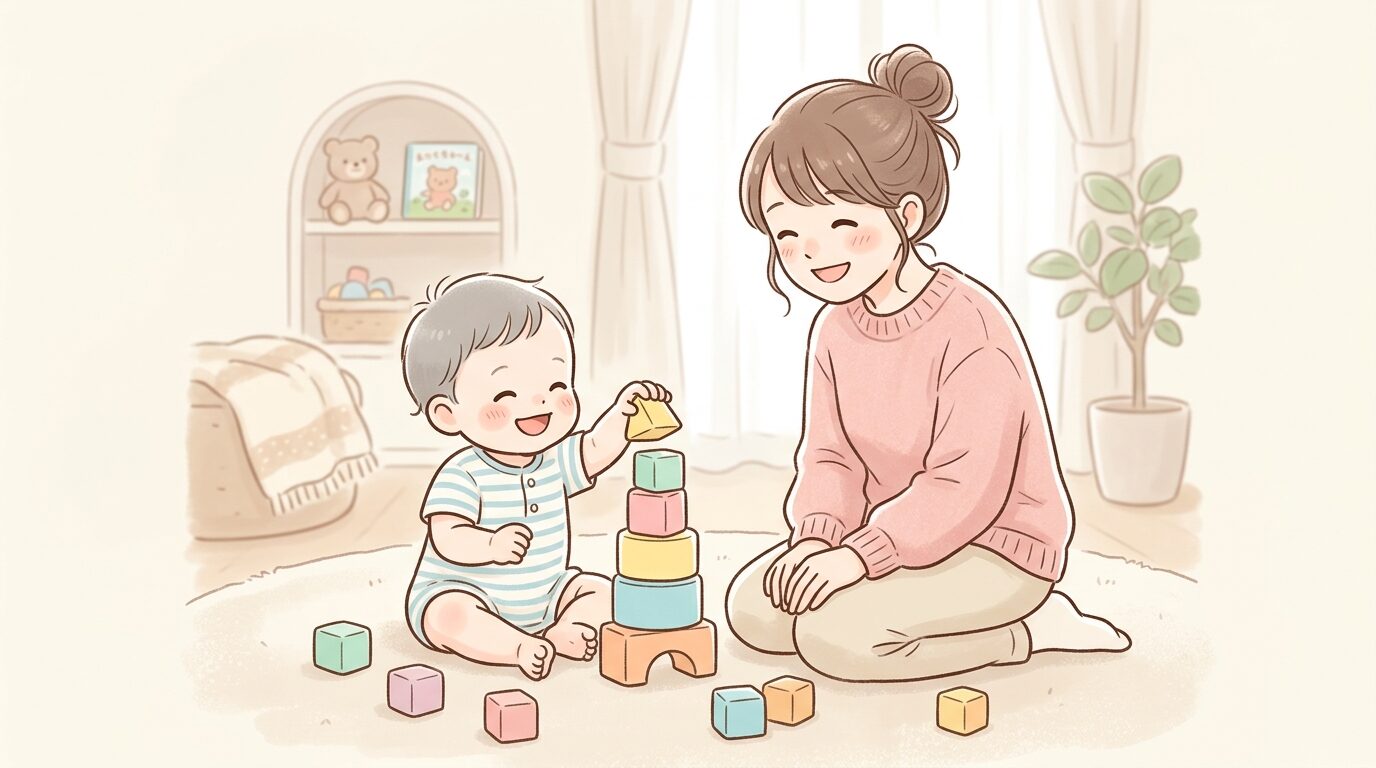 リビングでカラフルな積み木を積み上げて笑顔を見せる1歳児と見守る母親