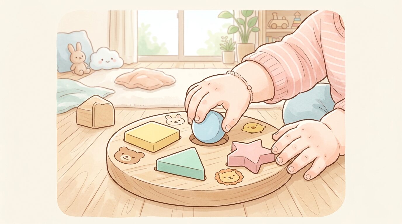 木製の型はめパズルで遊ぶ1歳児の手元アップ