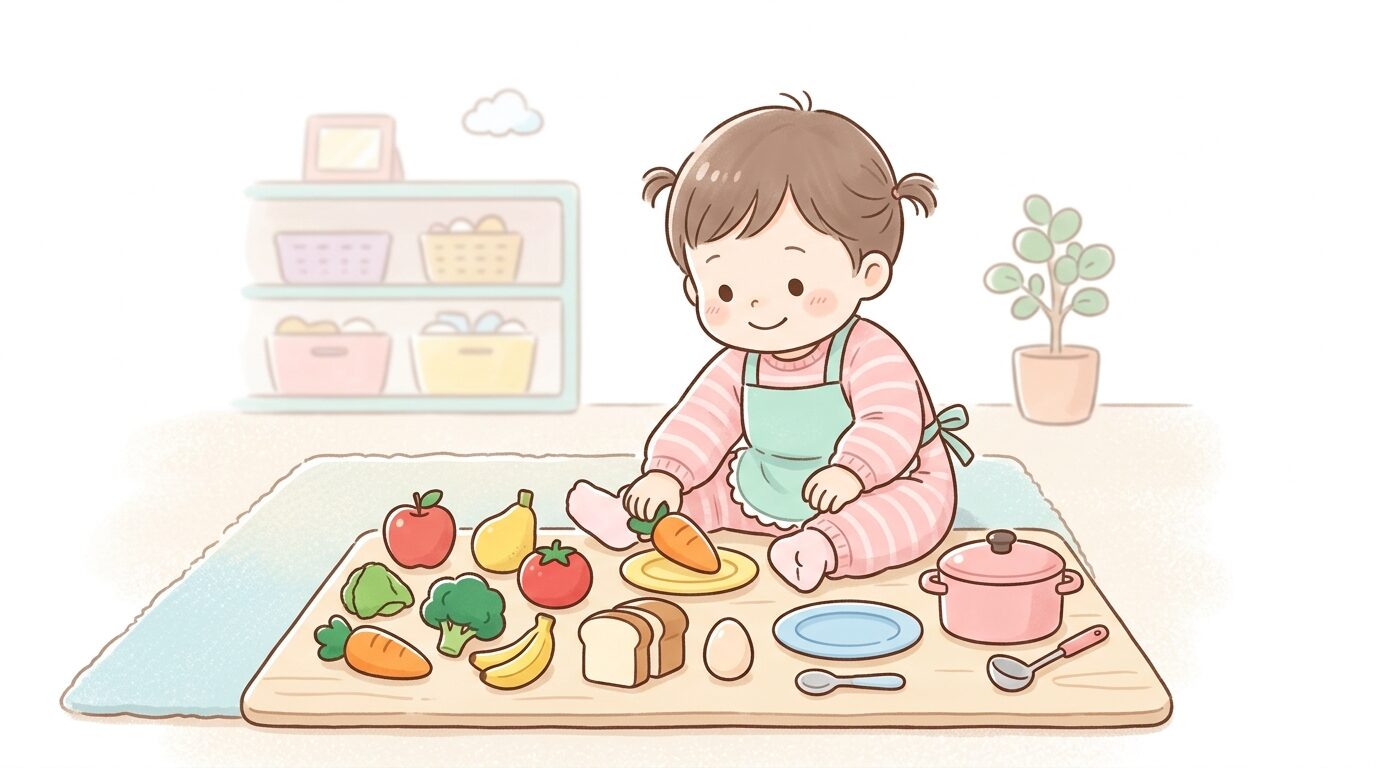 おままごとセットで食べ物のおもちゃを並べて遊ぶ1歳半の子ども