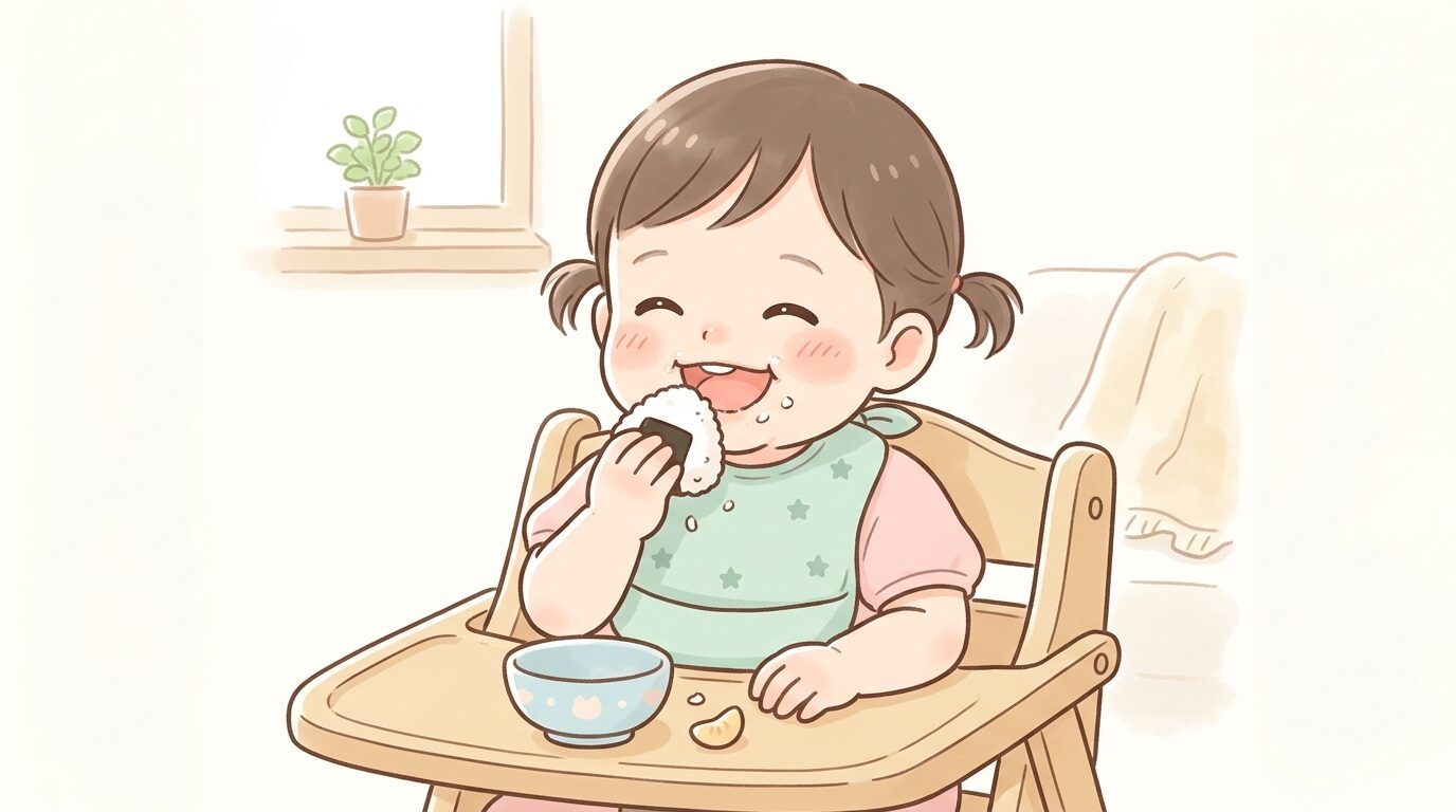 木製のベビーチェアに座り、手づかみでおにぎりを食べる1歳児の笑顔のアップ