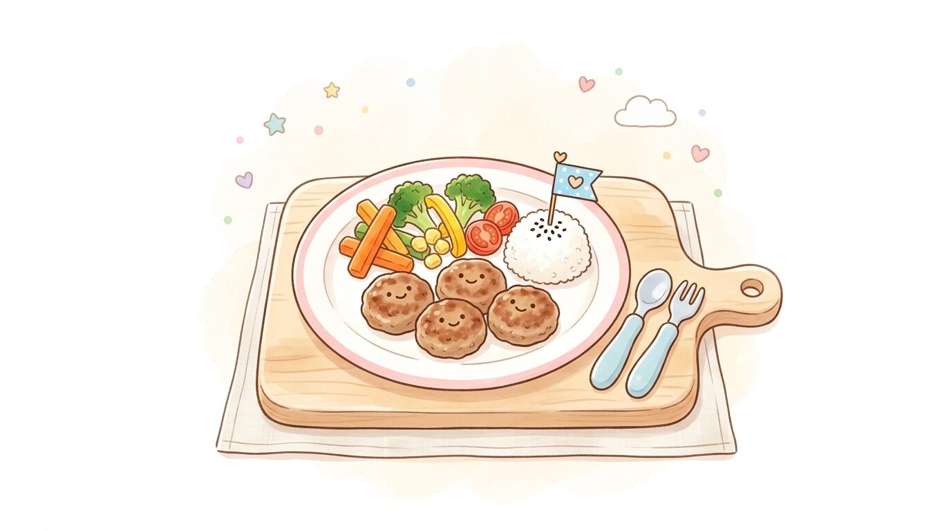 まな板の上に並んだ小さなハンバーグとカラフルな野菜スティックのお子様プレート