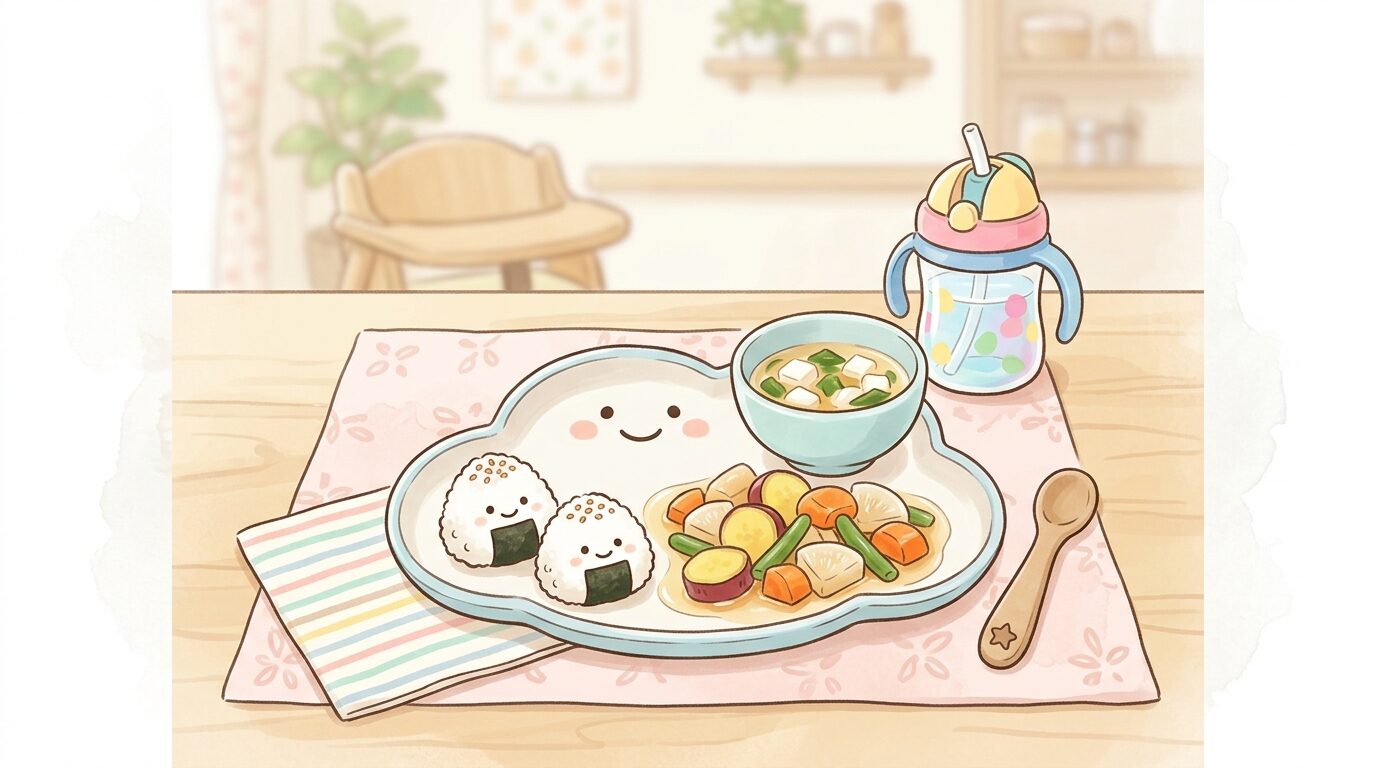 だし汁で煮込んだ野菜と小さなおにぎりが並ぶ1歳児用の離乳食完了期プレート