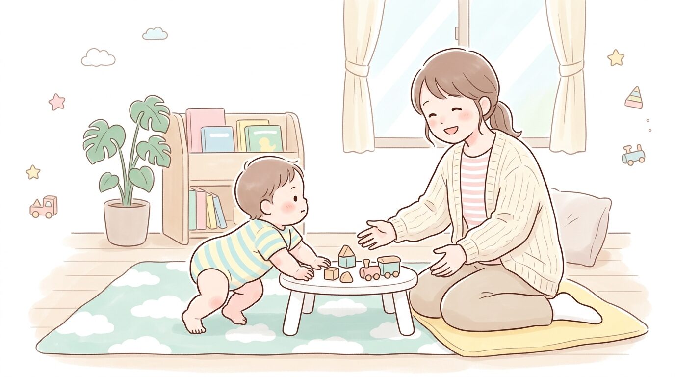 室内でハイハイから立ち上がろうとする1歳児と、そばで見守る母親の温かい様子
