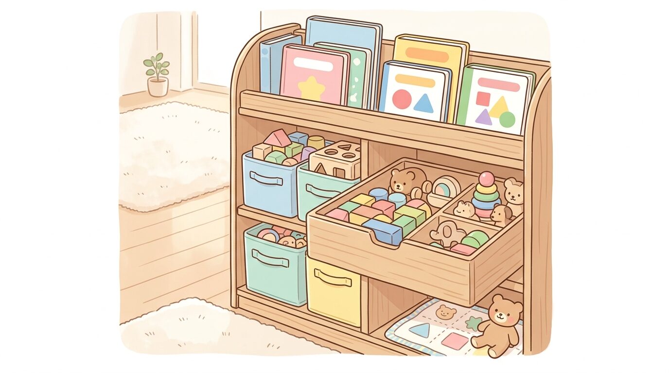 収納ボックスに片付けられた安全な木製おもちゃと絵本が並ぶリビングの棚
