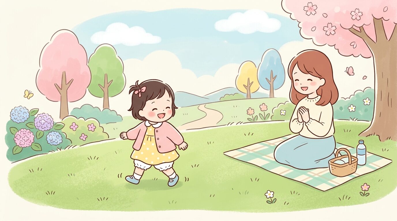 公園の芝生で一人歩きを楽しむ1歳の女の子と見守る母親の温かい様子