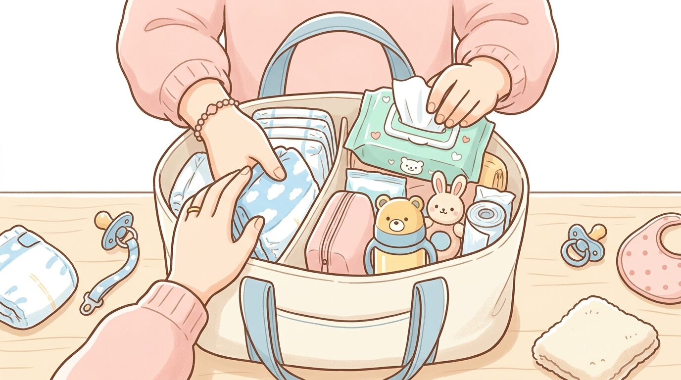 マザーズバッグにおむつやおしりふきなどお出かけグッズを整理して詰める母親の手元