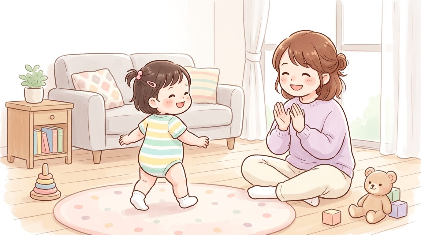 リビングで後ろ向きに数歩歩く1歳児と、その様子を笑顔で見守る母親