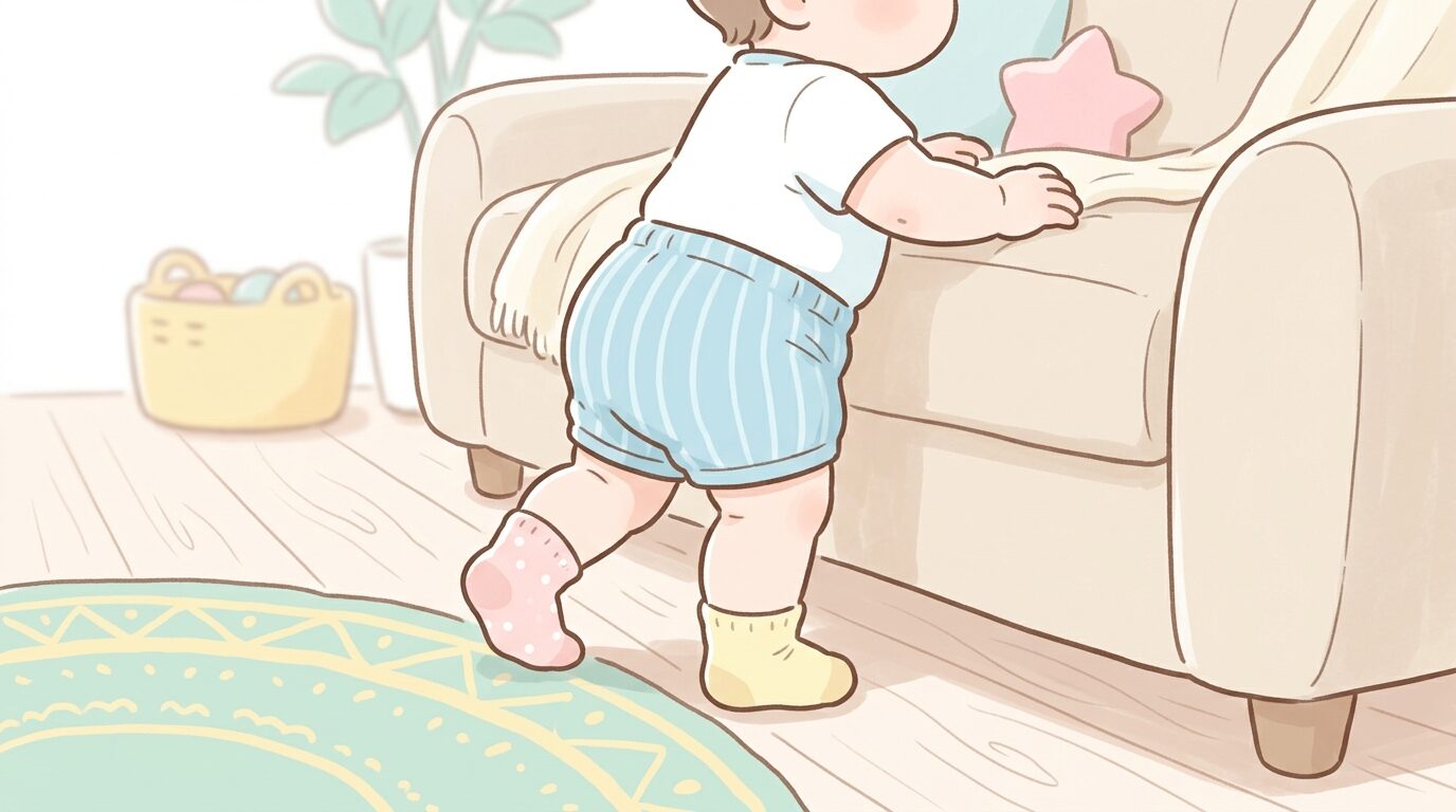ソファにつかまりながら横歩きの練習をする赤ちゃんの足元アップ