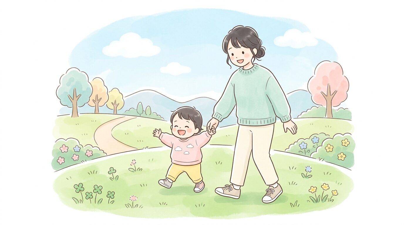 公園の芝生の上で親子一緒に後ろ歩きごっこをして笑い合う様子