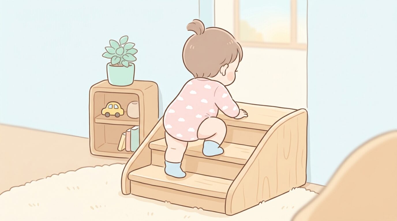 リビングの小さな階段を後ろ向きにハイハイで降りようとする1歳児の後ろ姿