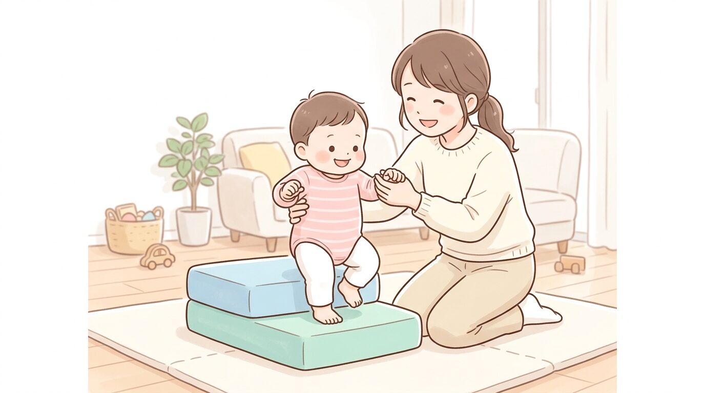 リビングでクッションを重ねた低い段差を使い、母親と一緒に降りる練習をする赤ちゃんの様子