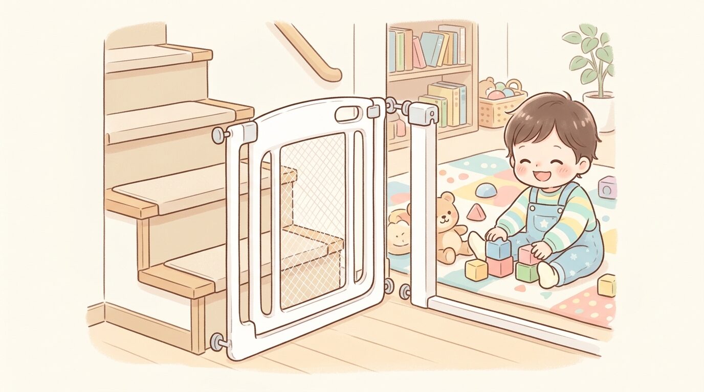 階段の入り口に設置された白いベビーゲートと、その奥で遊ぶ幼児