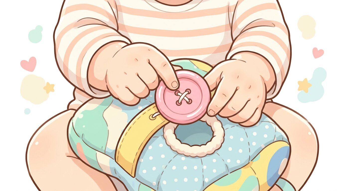 布製のおもちゃについた大きなボタンを興味深そうに指でつまむ1歳児の手元