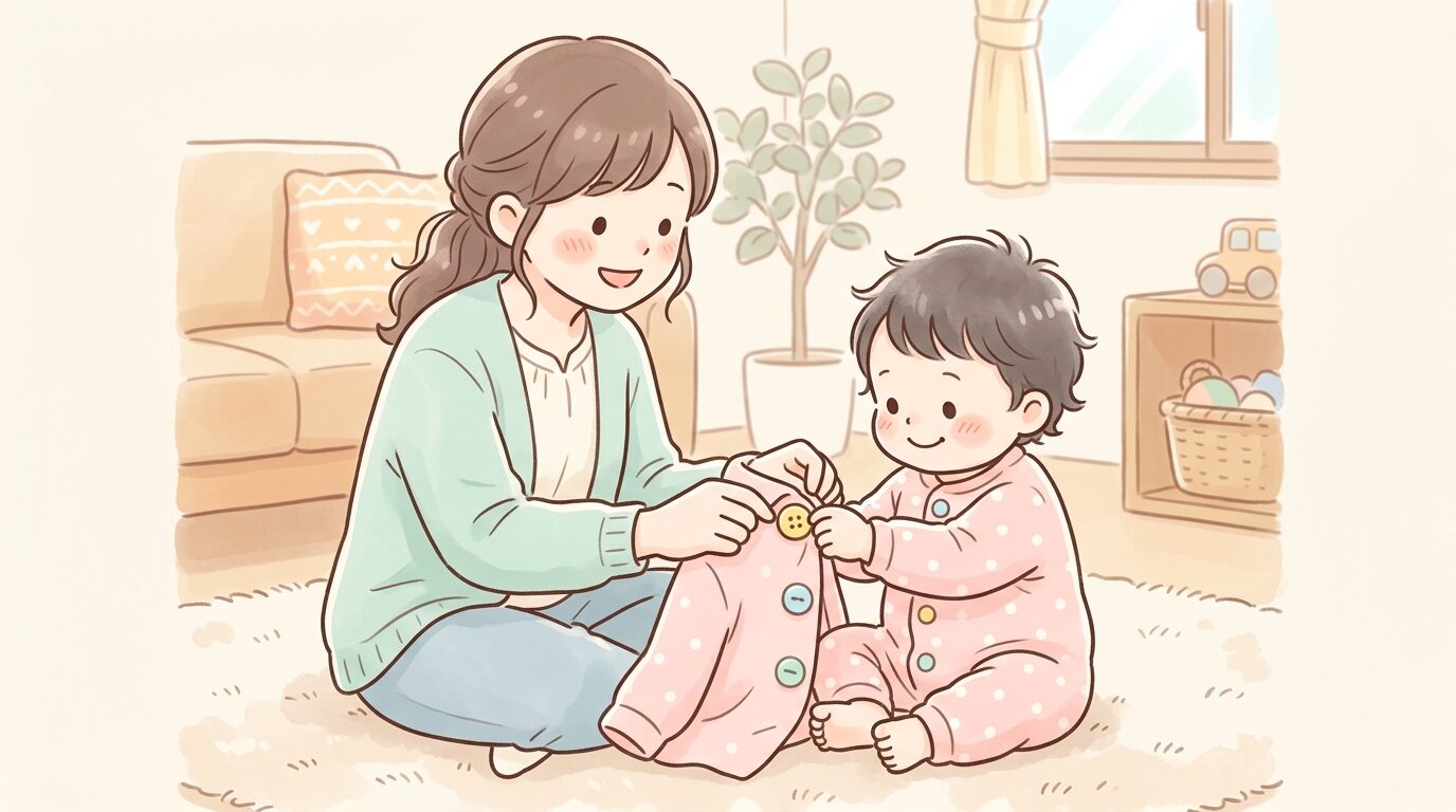 リビングで親子が向かい合い、パジャマのボタンを一緒に触って練習している温かい雰囲気の様子