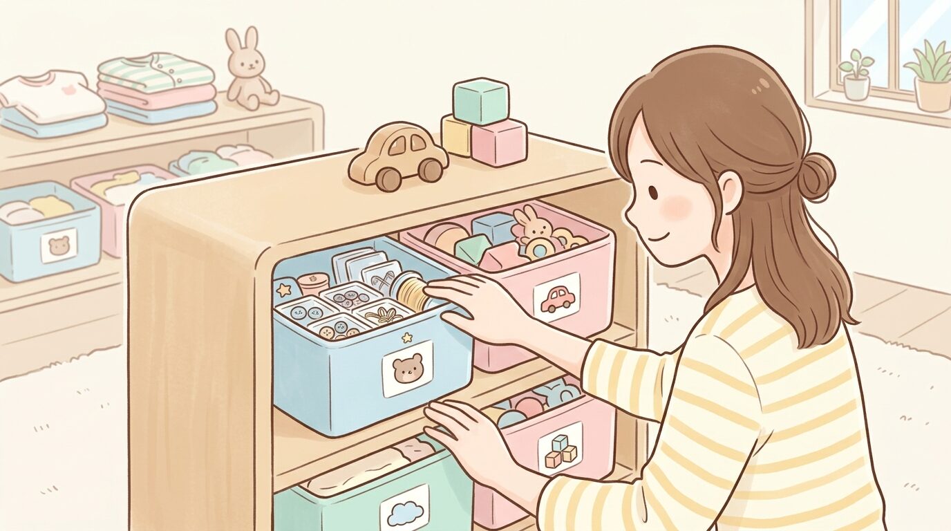 誤飲予防のために整理整頓された子ども部屋の収納棚とチェックする母親の手