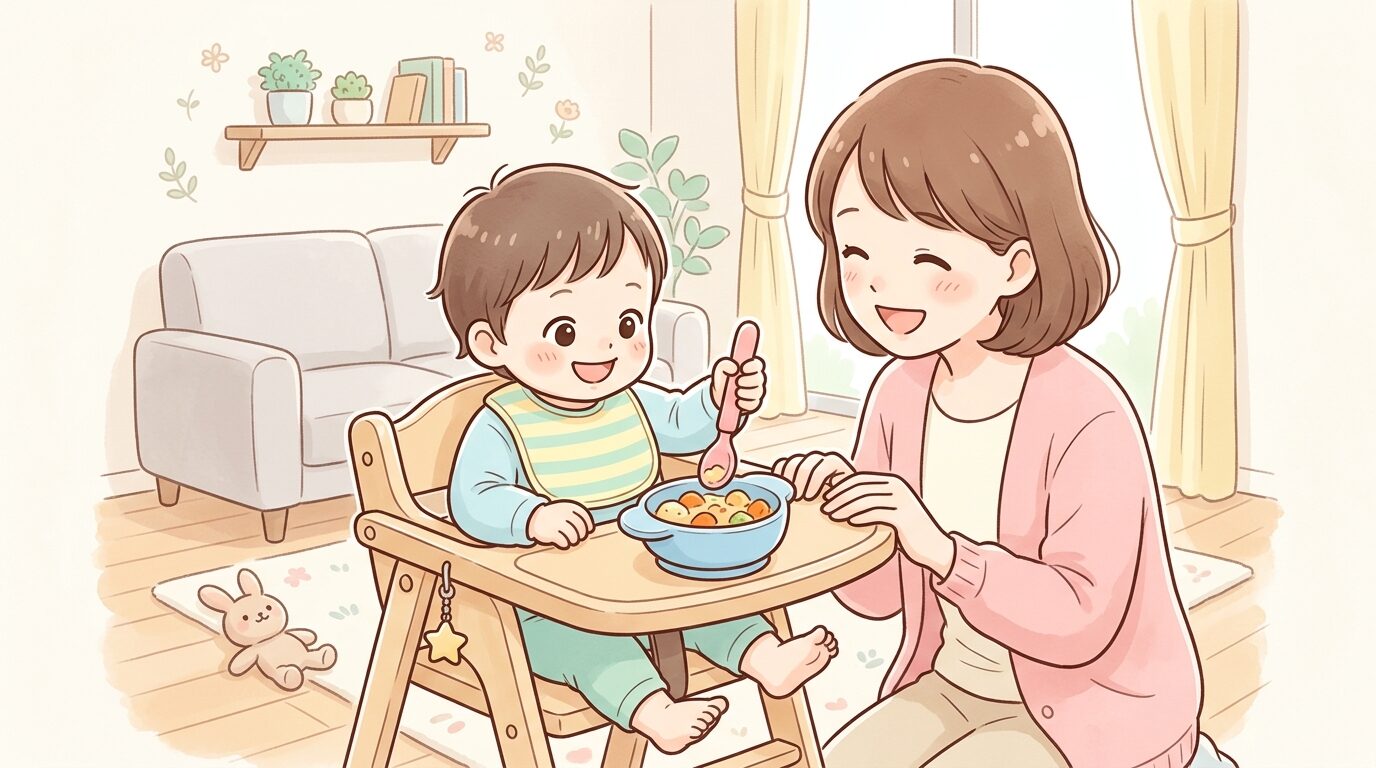 リビングのベビーチェアでスプーンを握りしめ離乳食を食べようとする1歳児と見守る母親