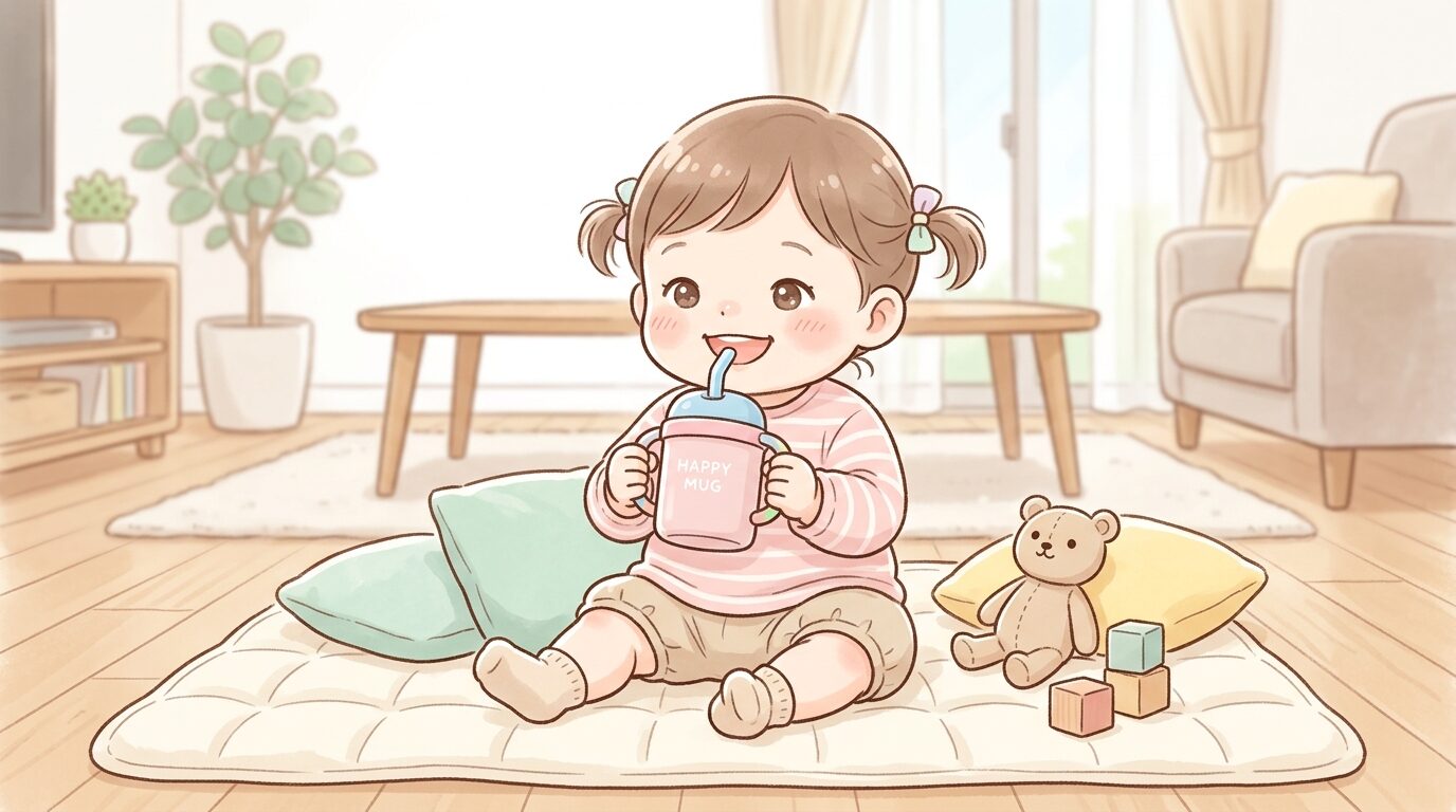 リビングでストローマグを両手で持って笑顔で飲もうとする1歳児の女の子