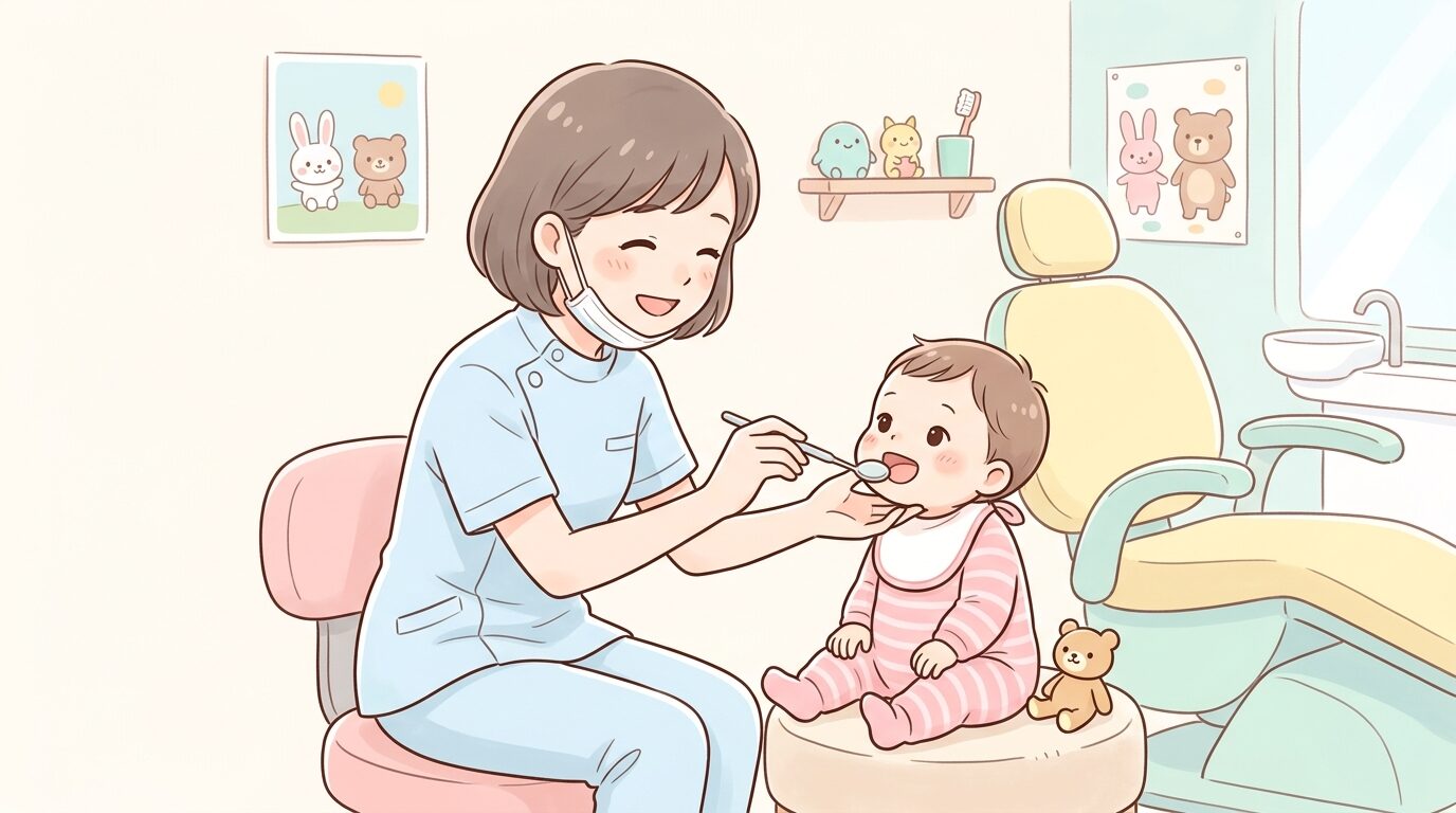 小児歯科の診察室で赤ちゃんの口の中を優しく確認する女性歯科医師