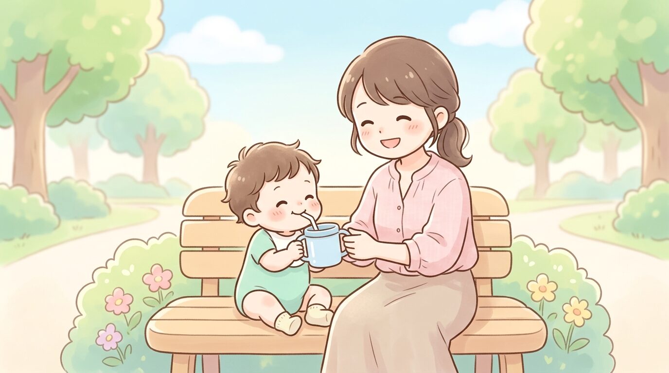 公園のベンチで親子がストローマグを一緒に持って楽しそうに飲む様子