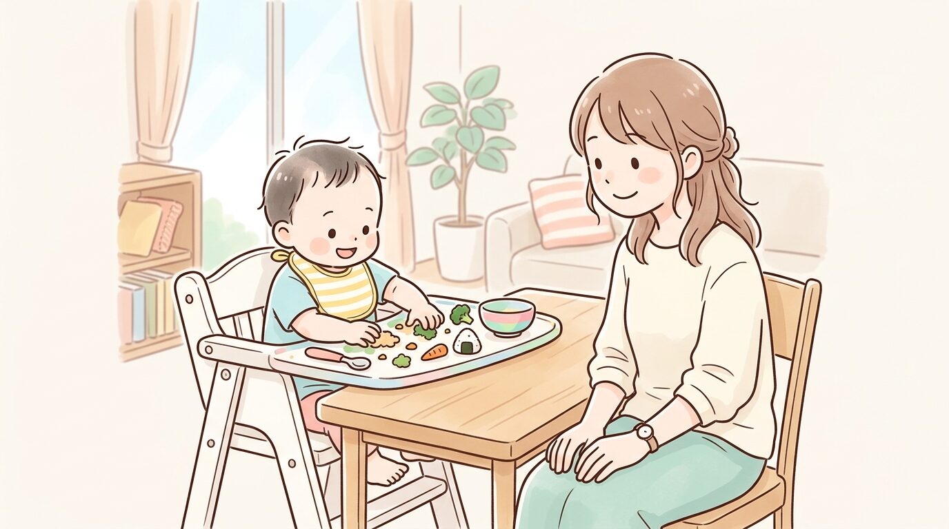 リビングのベビーチェアに座り、食べ物を手でつかんで遊んでいる1歳児と、隣で見守る母親の様子