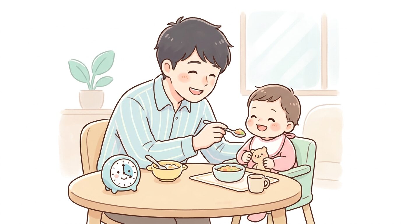 キッチンタイマーが置かれたダイニングテーブルで、笑顔で子どもに食事を促す父親
