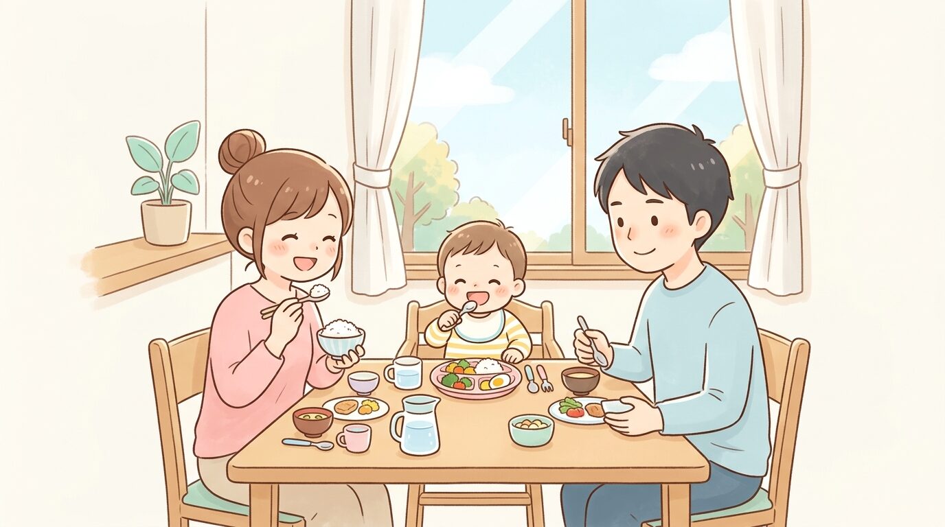 明るい窓辺のダイニングで、家族3人が同じ時間に食卓を囲んで笑顔で食事をしている様子