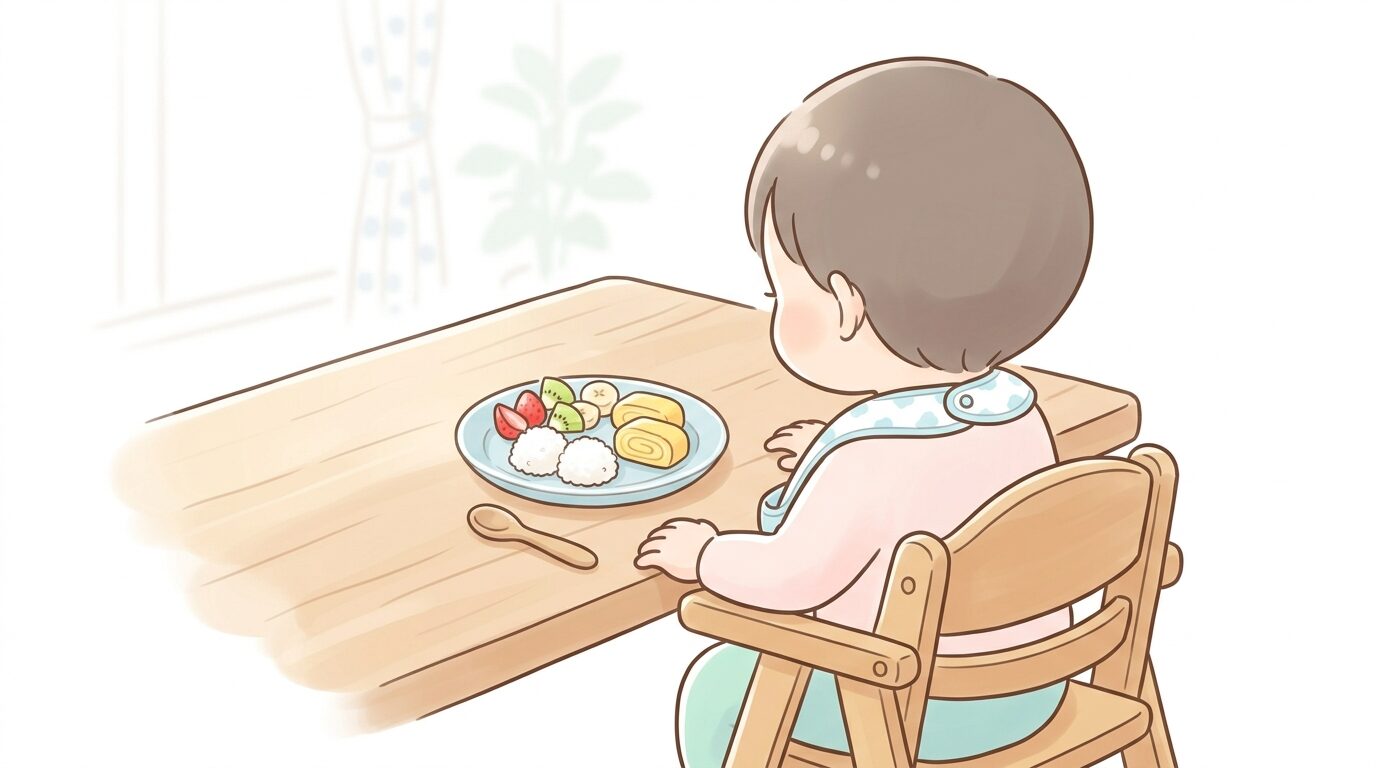 木製の子ども用食卓に並んだご飯、卵焼き、フルーツの朝食プレートを見つめる1歳児の後ろ姿