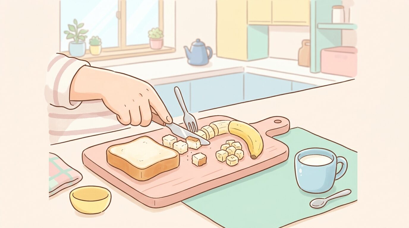 キッチンで食パンとバナナを小さく切って朝食を準備する親の手元、隣にコップに入った牛乳