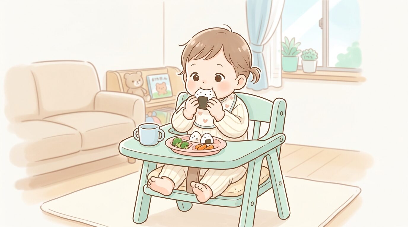 リビングのベビーチェアに座り、集中して手づかみでおにぎりを食べる1歳児の正面からの様子