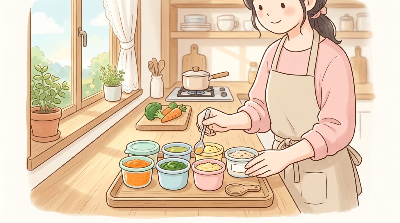 木製のキッチンで小分け容器に離乳食を詰める母親の手元、柔らかい自然光が差し込む温かい雰囲気