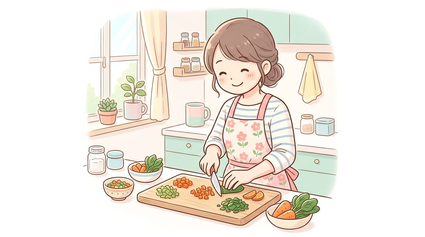 まな板の上でにんじんやほうれん草を丁寧に刻む調理風景、清潔なキッチンで柔らかい光が差し込む様子