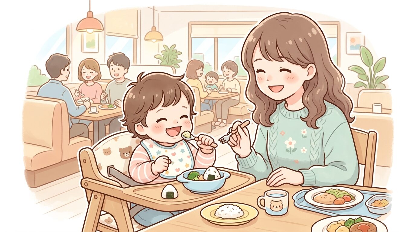 明るいファミリーレストランでベビーチェアに座り笑顔で食事をする1歳児と見守る母親