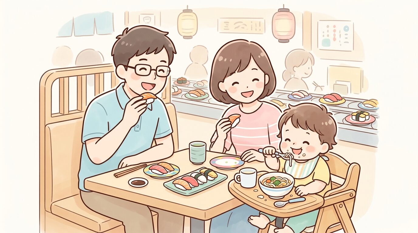 回転寿司店のボックス席で子ども用のうどんを食べる1歳児と隣で寿司を楽しむ家族