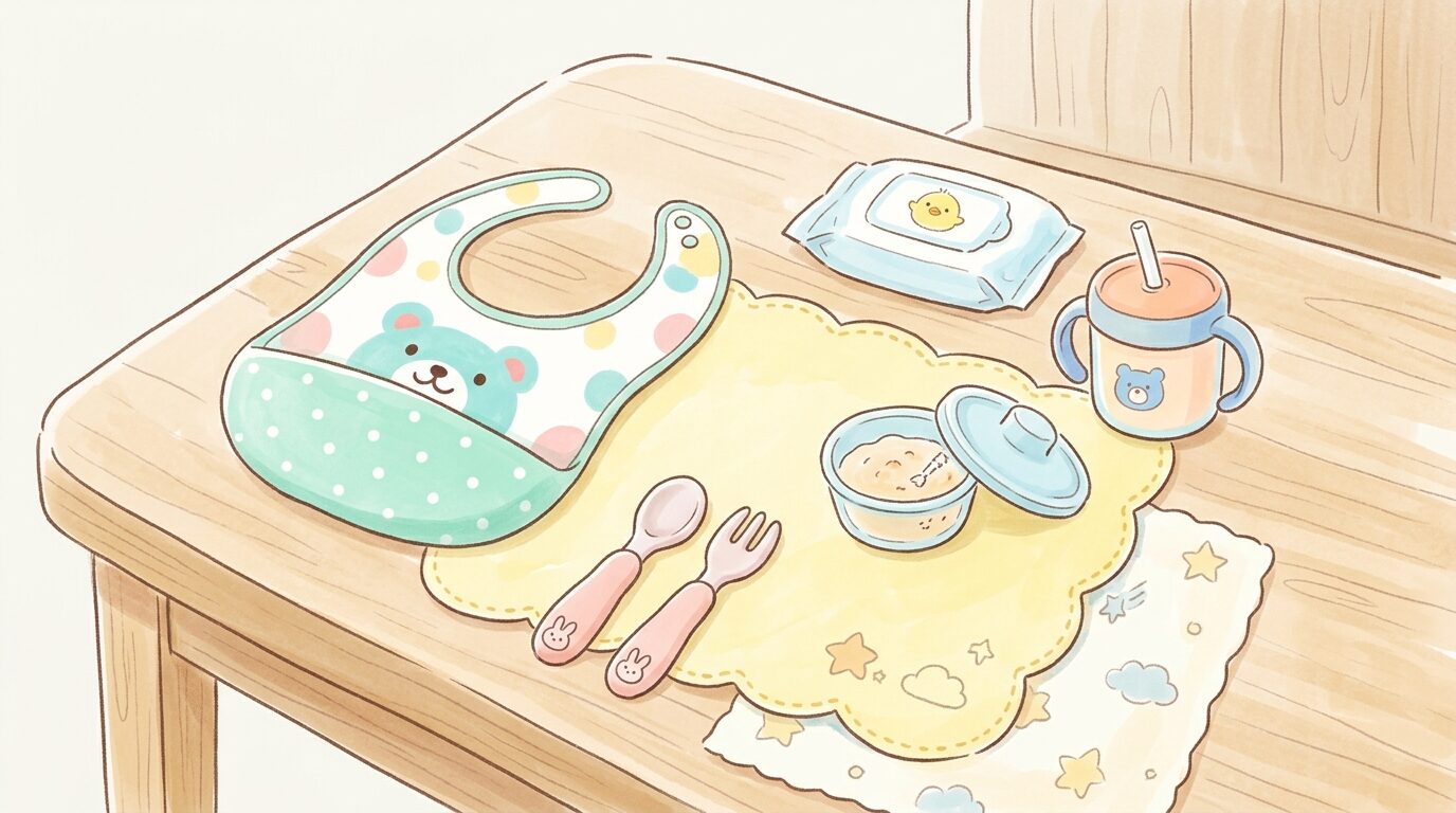 テーブルの上に並んだ離乳食用スプーンやエプロン、食べこぼしキャッチシートなどの外食グッズ